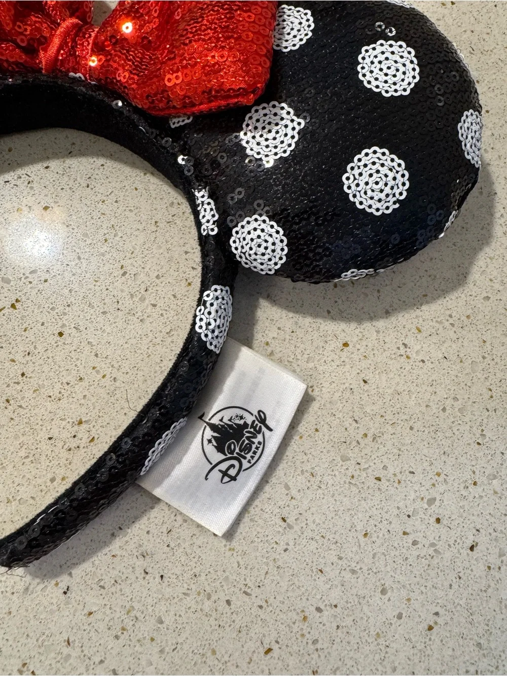 Loungefly Black Sequin Polka Dot Ear Headband with Red Bow